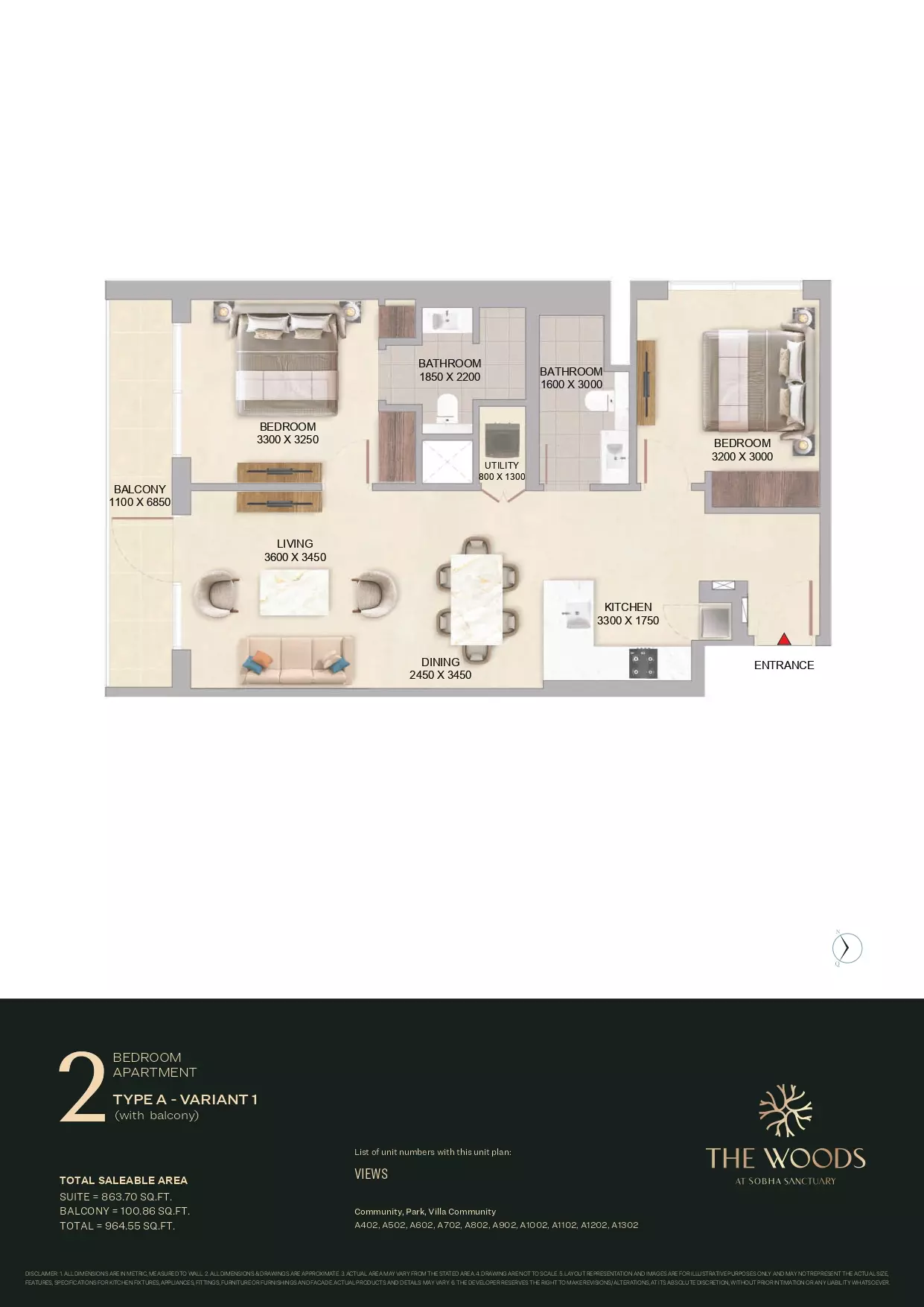 2-bedroom apartment floor plan – The Woods at Sobha Sanctuary, Dubai